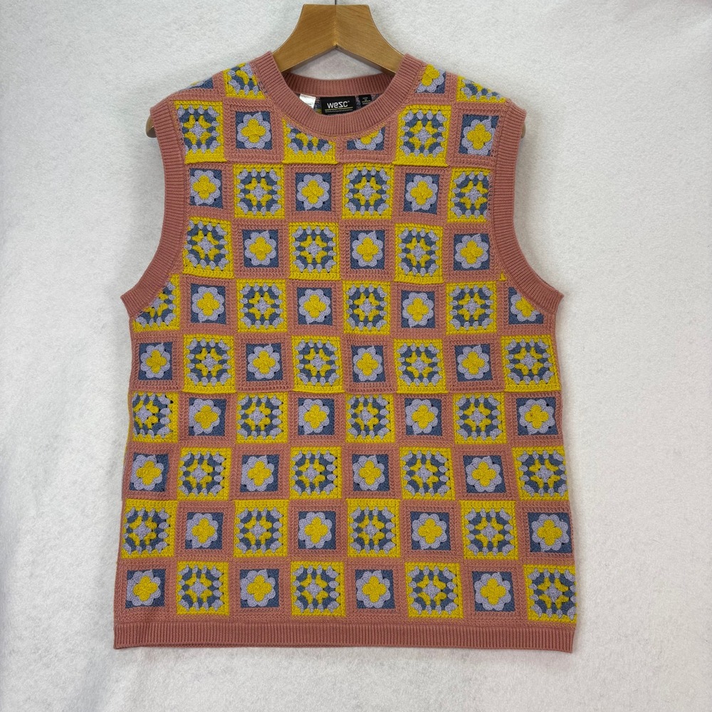 WESC Pink/Yellow Crochet Granny Square Knit Vest‎ Mens M Womens L Grandma Boho